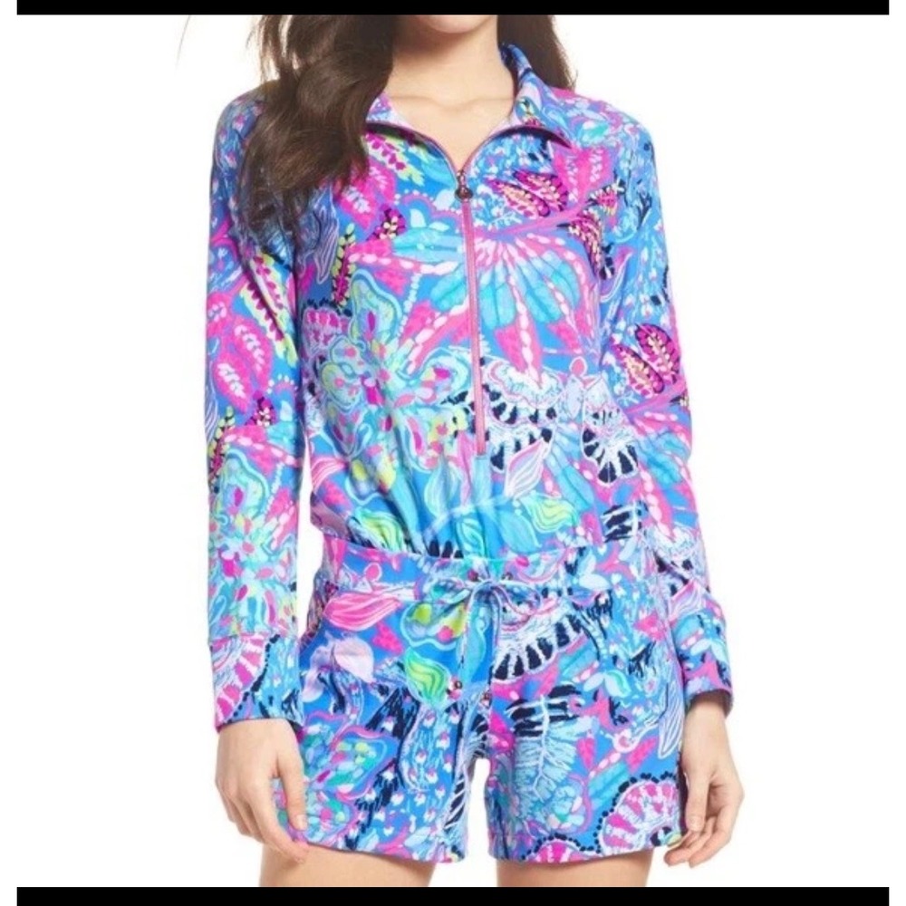 Lilly Pulitzer Skipper Romper Zip Up Resortwear Tropical Print Blue Pink Size S